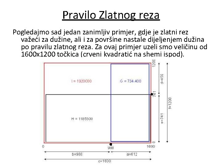 Pravilo Zlatnog reza Pogledajmo sad jedan zanimljiv primjer, gdje je zlatni rez važeći za