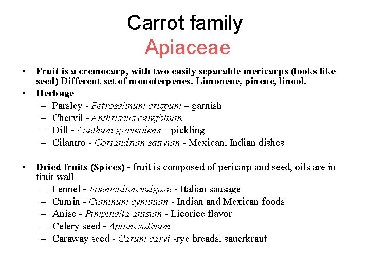 Carrot family Apiaceae • Fruit is a cremocarp, with two easily separable mericarps (looks