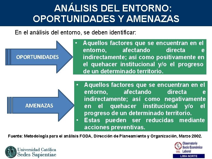 ANÁLISIS DEL ENTORNO: OPORTUNIDADES Y AMENAZAS En el análisis del entorno, se deben identificar: