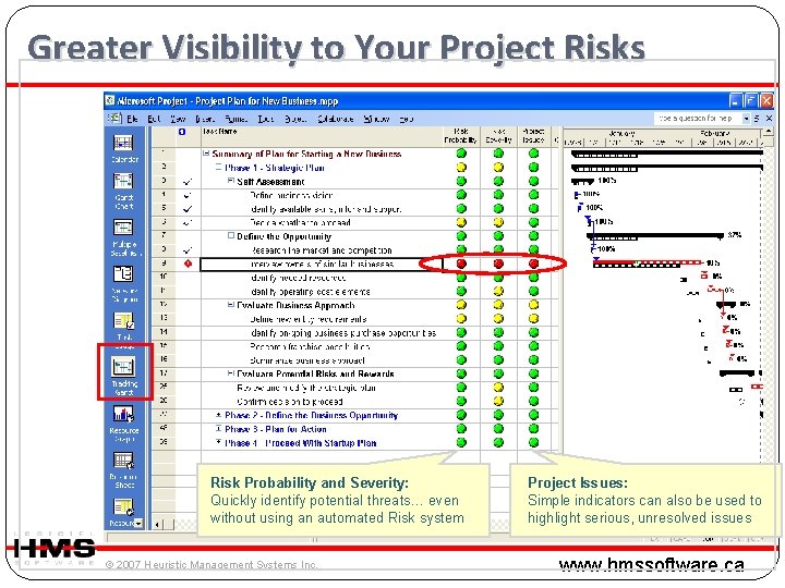 Greater Visibility to Your Project Risks Risk Probability and Severity: Quickly identify potential threats… Greater Visibility to Your Project Risks Risk Probability and Severity: Quickly identify potential threats…