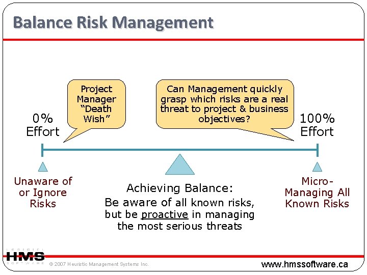 Balance Risk Management 0% Effort Unaware of or Ignore Risks Project Manager “Death Wish” Balance Risk Management 0% Effort Unaware of or Ignore Risks Project Manager “Death Wish”