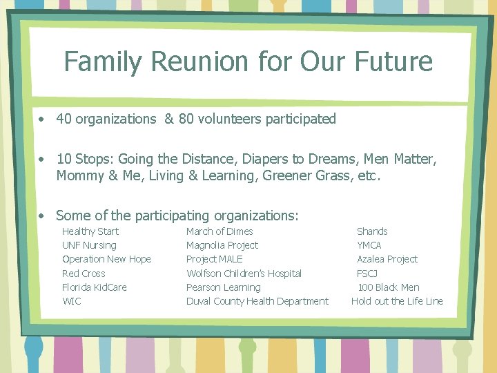 Family Reunion for Our Future • 40 organizations & 80 volunteers participated • 10