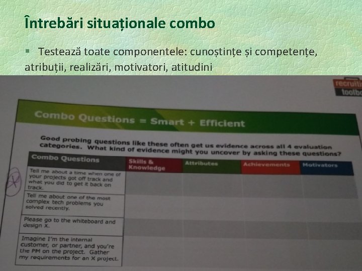 Întrebări situaționale combo § Testează toate componentele: cunoștințe și competențe, atribuții, realizări, motivatori, atitudini