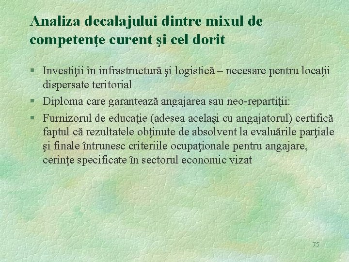 Analiza decalajului dintre mixul de competenţe curent şi cel dorit § Investiţii în infrastructură