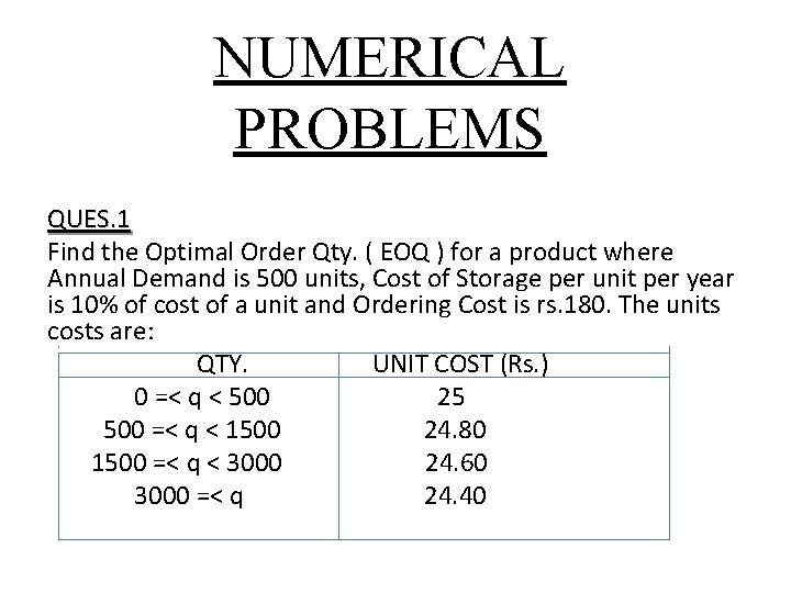NUMERICAL PROBLEMS QUES. 1 Find the Optimal Order Qty. ( EOQ ) for a NUMERICAL PROBLEMS QUES. 1 Find the Optimal Order Qty. ( EOQ ) for a