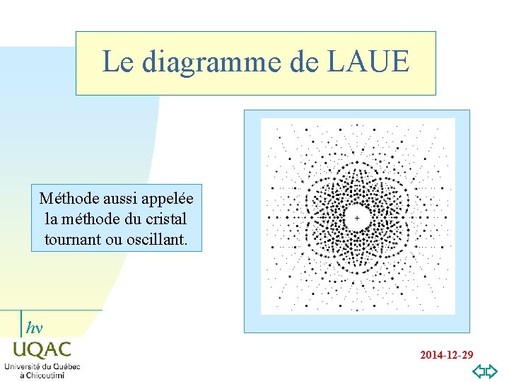 Le diagramme de LAUE Méthode aussi appelée la méthode du cristal tournant ou oscillant.