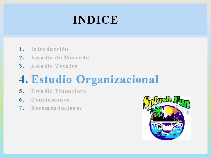 INDICE 1. 2. 3. Introducción Estudio de Mercado Estudio Técnico 4. Estudio Organizacional 5.