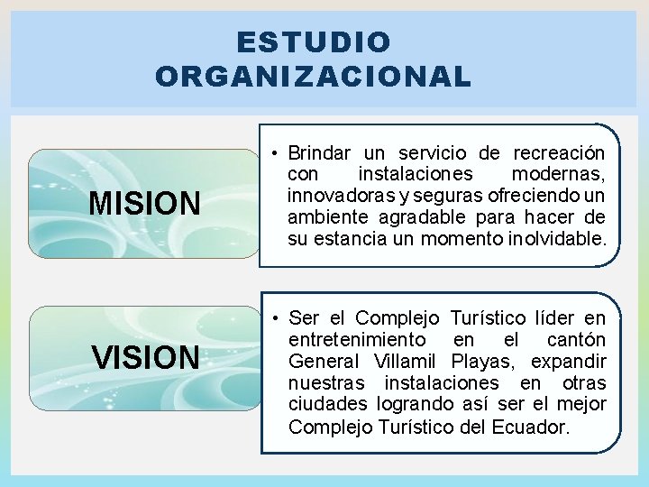 ESTUDIO ORGANIZACIONAL MISION VISION • Brindar un servicio de recreación con instalaciones modernas, innovadoras