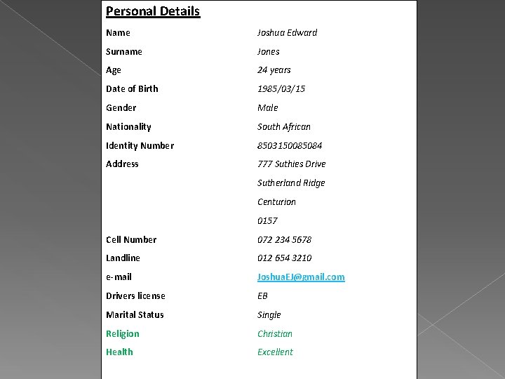 Personal Details Name Joshua Edward Surname Jones Age 24 years Date of Birth 1985/03/15 Personal Details Name Joshua Edward Surname Jones Age 24 years Date of Birth 1985/03/15