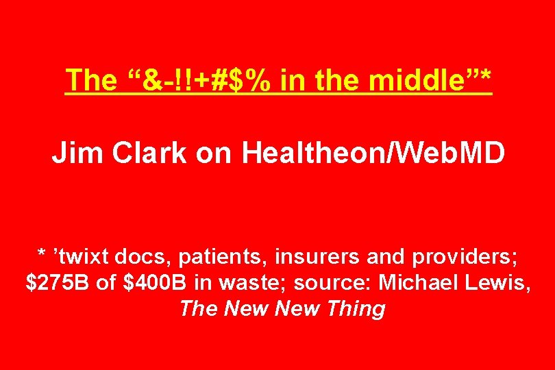 The “&-!!+#$% in the middle”* Jim Clark on Healtheon/Web. MD * ’twixt docs, patients,