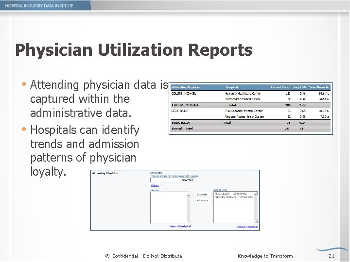 Physician Utilization Reports Attending physician data is captured within the administrative data. Hospitals can