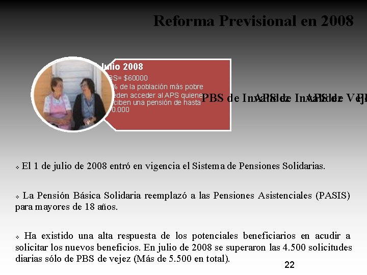 Reforma Previsional en 2008 Julio 2008 v PBS= $60000 40% de la población más