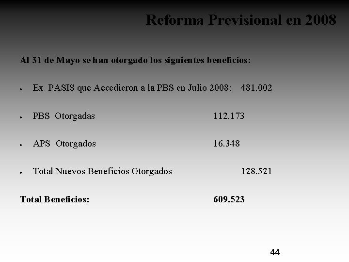 Reforma Previsional en 2008 Al 31 de Mayo se han otorgado los siguientes beneficios: