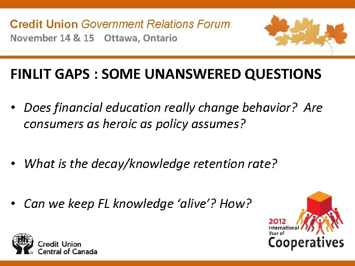 Credit Union Government Relations Forum November 14 & 15 Ottawa, Ontario FINLIT GAPS :