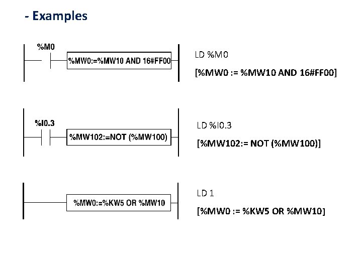 - Examples LD %M 0 [%MW 0 : = %MW 10 AND 16#FF 00]