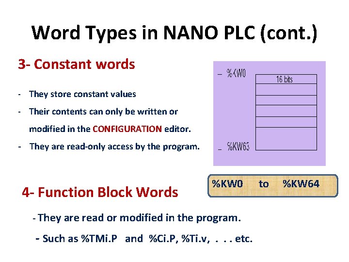 Word Types in NANO PLC (cont. ) 3 - Constant words - They store