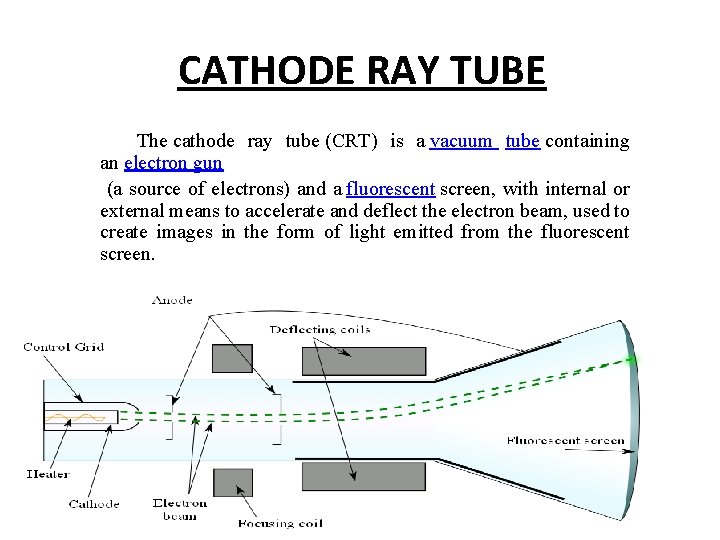 CATHODE RAY TUBE The cathode ray tube (CRT) is a vacuum tube containing an