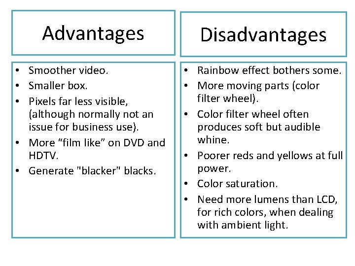Advantages Disadvantages • Smoother video. • Smaller box. • Pixels far less visible, (although