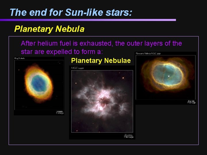 The end for Sun-like stars: Planetary Nebula After helium fuel is exhausted, the outer