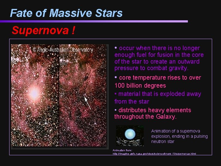 Fate of Massive Stars Supernova ! • occur when there is no longer enough