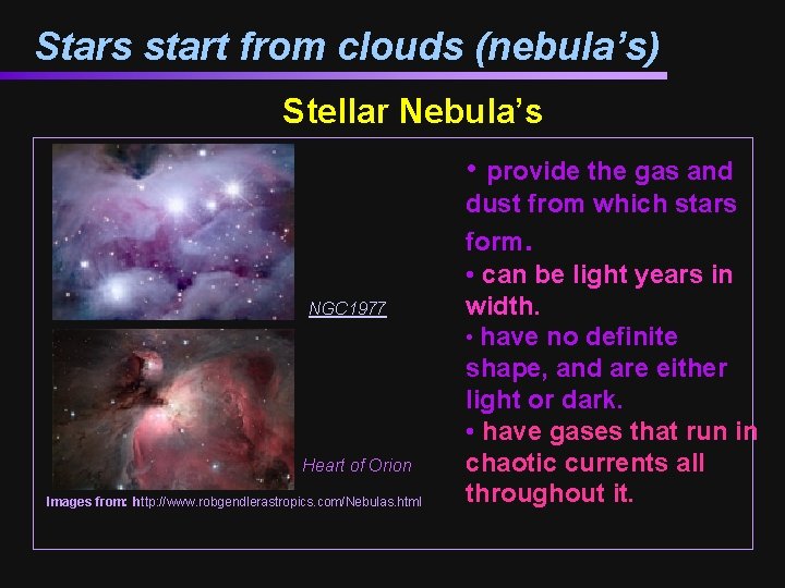 Stars start from clouds (nebula’s) Stellar Nebula’s • provide the gas and NGC 1977