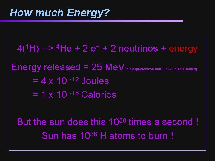 How much Energy? 4(1 H) --> 4 He + 2 e+ + 2 neutrinos