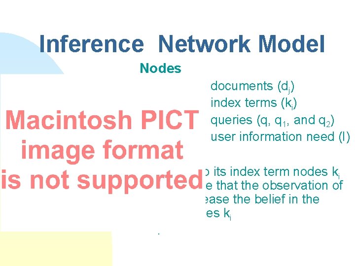 Inference Network Model Nodes documents (dj) index terms (ki) queries (q, q 1, and