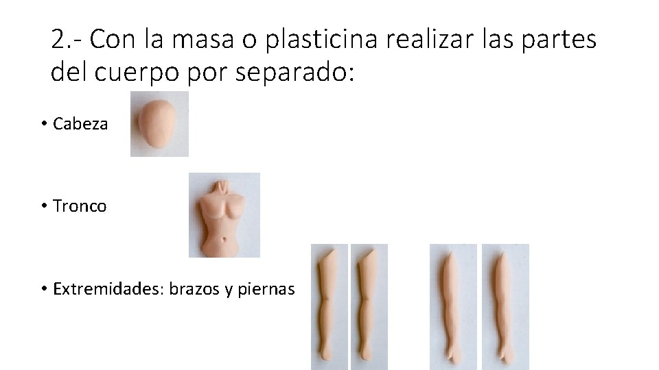 2. - Con la masa o plasticina realizar las partes del cuerpo por separado: