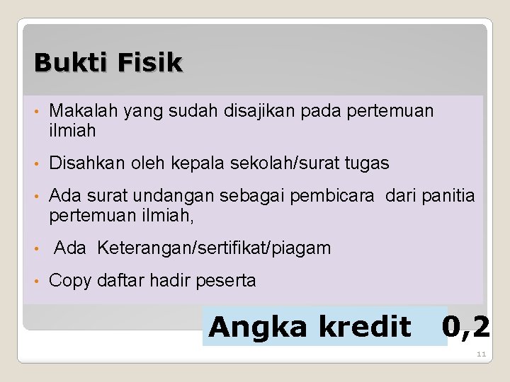 Bukti Fisik • Makalah yang sudah disajikan pada pertemuan ilmiah • Disahkan oleh kepala