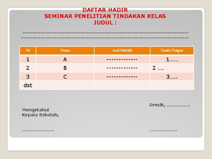 DAFTAR HADIR SEMINAR PENELITIAN TINDAKAN KELAS JUDUL : ------------------------------------------------------------------------------------No Nama Asal Sekolah Tanda Tangan