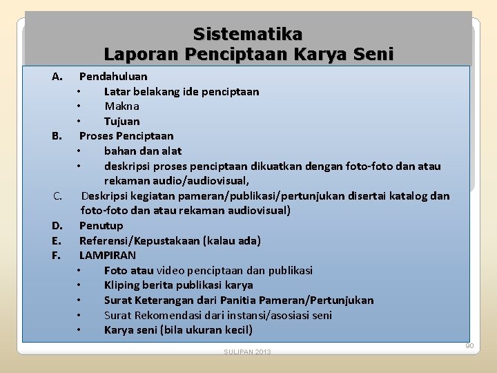 Sistematika Laporan Penciptaan Karya Seni A. B. C. D. E. F. Pendahuluan • Latar