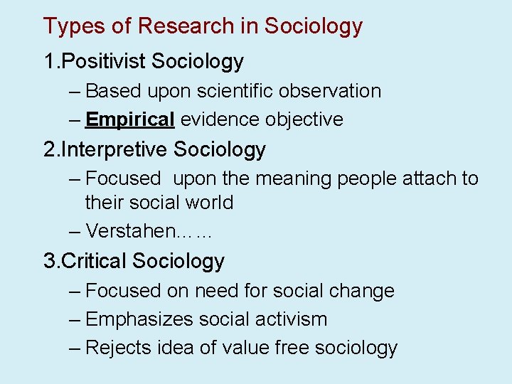Types of Research in Sociology 1. Positivist Sociology – Based upon scientific observation –