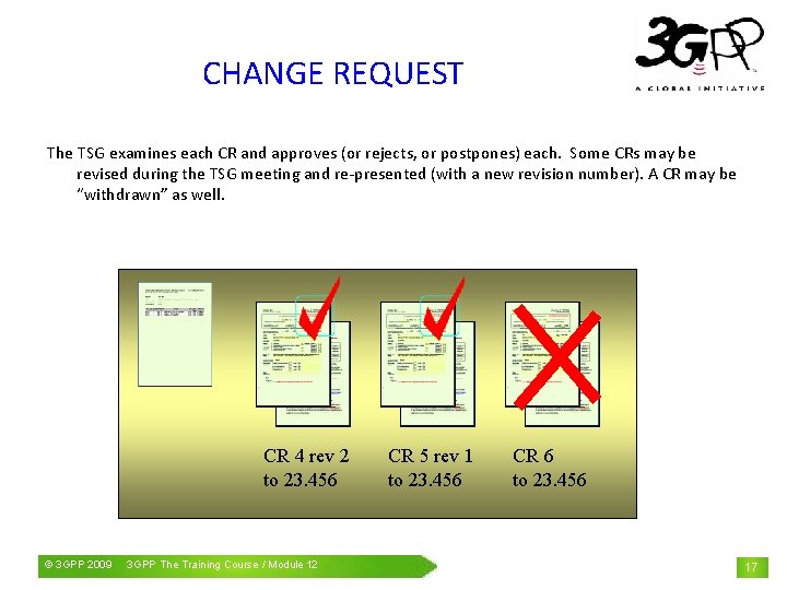 CHANGE REQUEST The TSG examines each CR and approves (or rejects, or postpones) each.