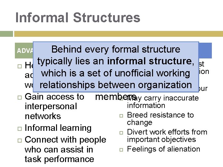 Informal Structures Behind every formal structure DISADVANTAGES typically lies an informal structure, May work Informal Structures Behind every formal structure DISADVANTAGES typically lies an informal structure, May work