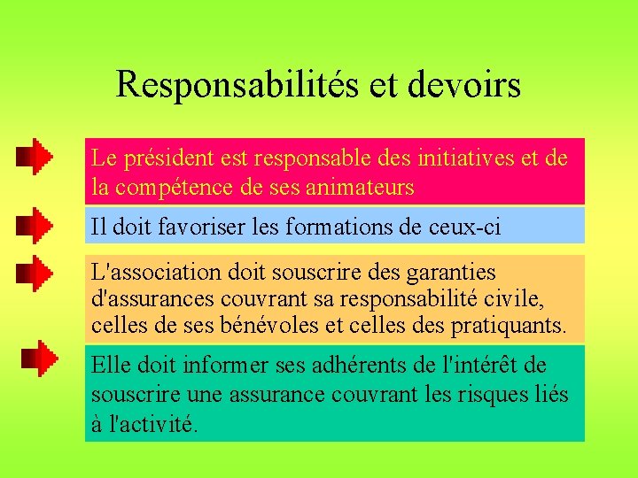 Responsabilités et devoirs Le président est responsable des initiatives et de la compétence de