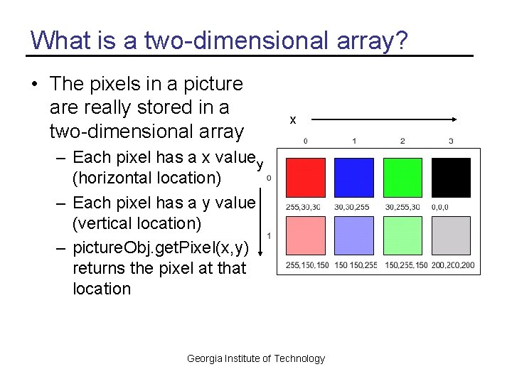 What is a two-dimensional array? • The pixels in a picture are really stored