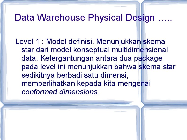 Data Warehouse Physical Design …. . Level 1 : Model definisi. Menunjukkan skema star