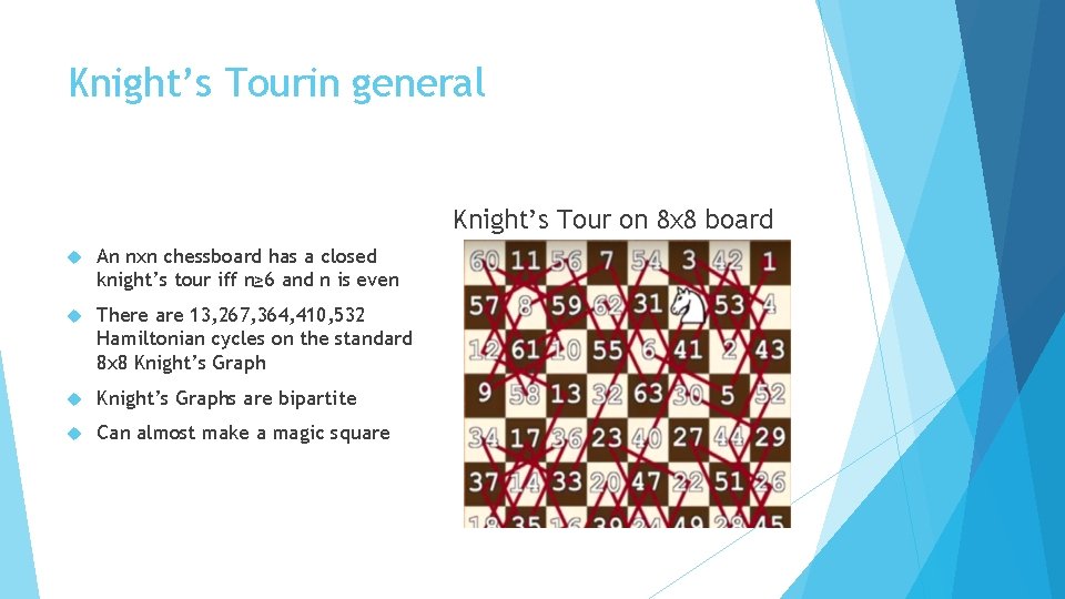 Knight’s Tourin general Knight’s Tour on 8 x 8 board An nxn chessboard has