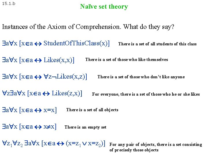 15. 1. b Naïve set theory Instances of the Axiom of Comprehension. What do 15. 1. b Naïve set theory Instances of the Axiom of Comprehension. What do