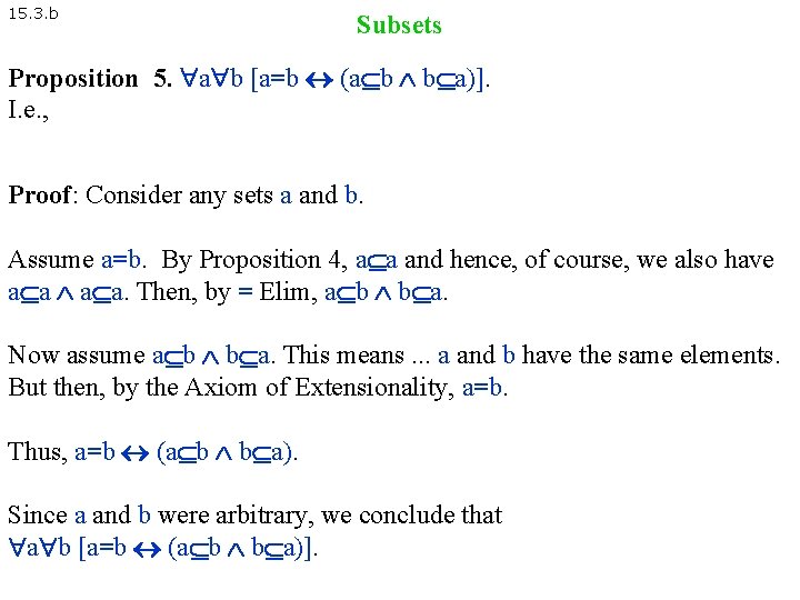 15. 3. b Subsets Proposition 5. a b [a=b (a b b a)]. I.