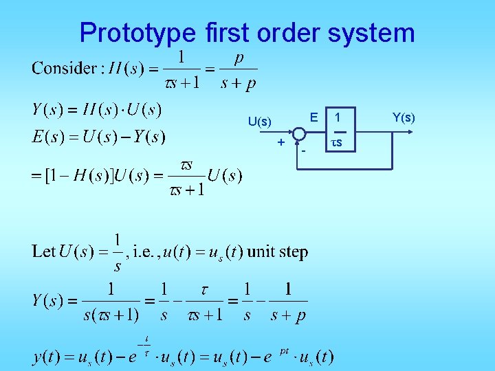 Prototype first order system E U(s) + - 1 τs Y(s) Prototype first order system E U(s) + - 1 τs Y(s)
