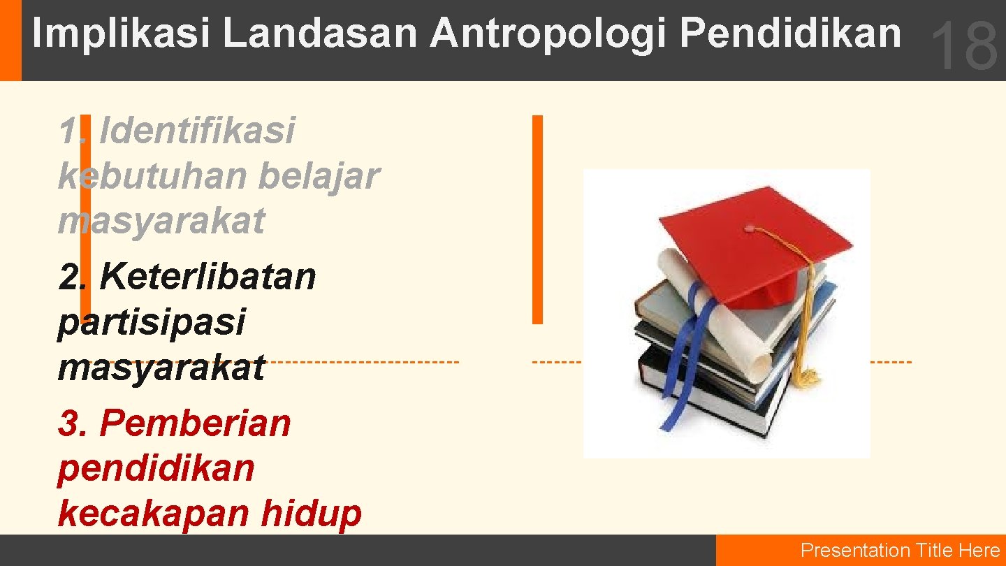 Implikasi Landasan Antropologi Pendidikan 18 1. Identifikasi kebutuhan belajar masyarakat 2. Keterlibatan partisipasi masyarakat