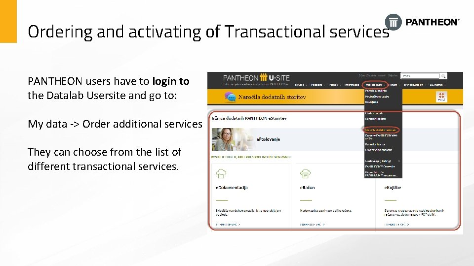 Ordering and activating of Transactional services PANTHEON users have to login to the Datalab Ordering and activating of Transactional services PANTHEON users have to login to the Datalab