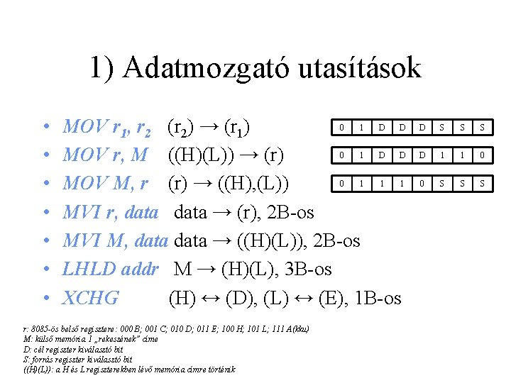 1) Adatmozgató utasítások • • 0 1 D D MOV r 1, r 2