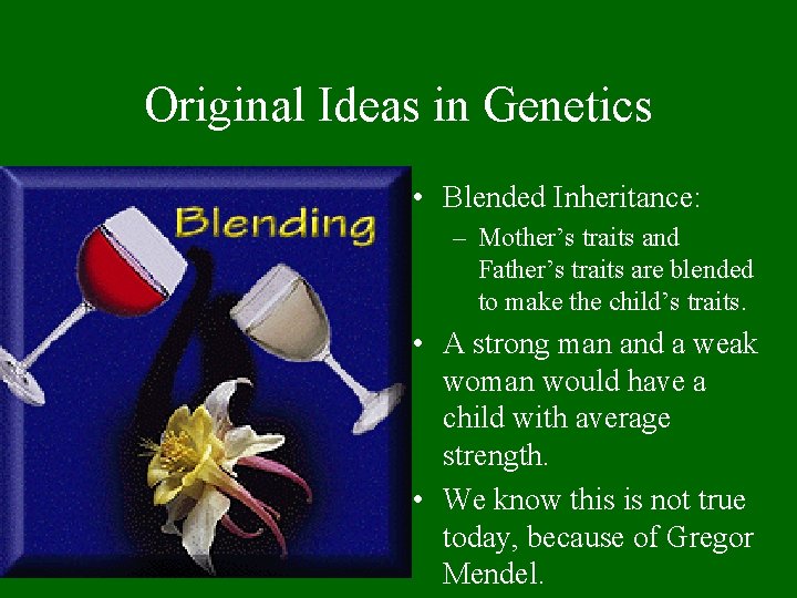 Original Ideas in Genetics • Blended Inheritance: – Mother’s traits and Father’s traits are