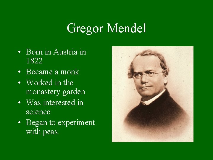 Gregor Mendel • Born in Austria in 1822 • Became a monk • Worked