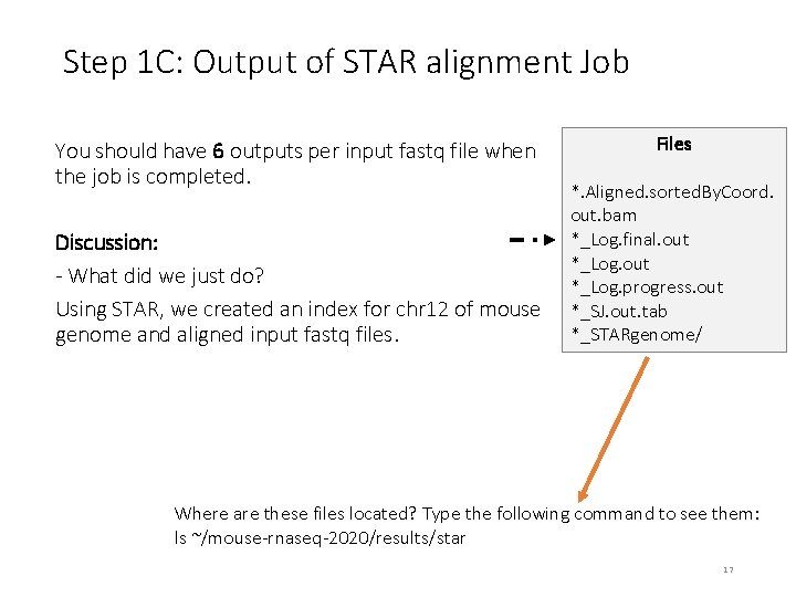 Step 1 C: Output of STAR alignment Job You should have 6 outputs per