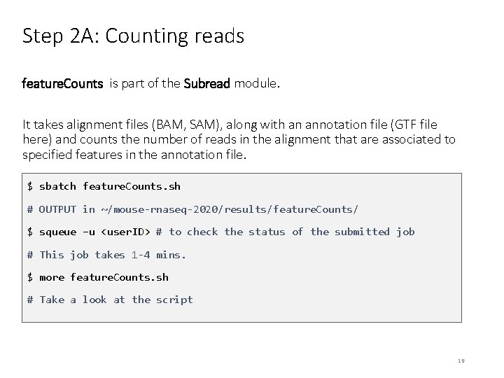 Step 2 A: Counting reads feature. Counts is part of the Subread module. It