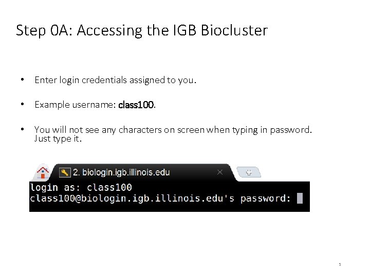 Step 0 A: Accessing the IGB Biocluster • Enter login credentials assigned to you.