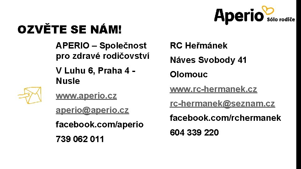 OZVĚTE SE NÁM! APERIO – Společnost pro zdravé rodičovství RC Heřmánek V Luhu 6,